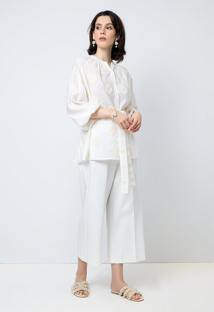 Choice Solid Embroidered Long Sleeves Shirt Offwhite