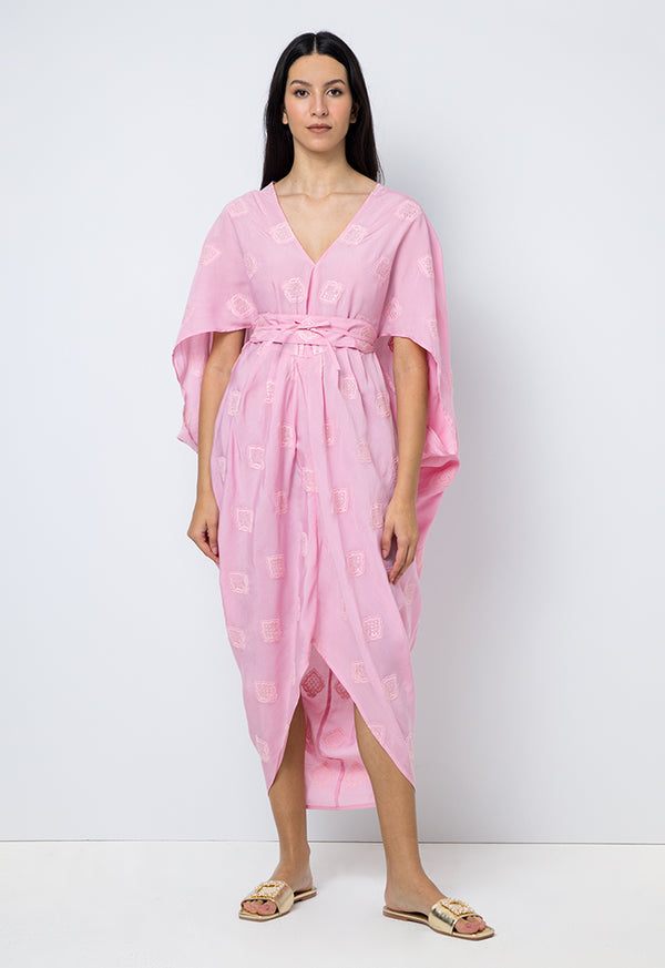 Choice Embroidered Sequins Short Sleeves Kaftan Pink