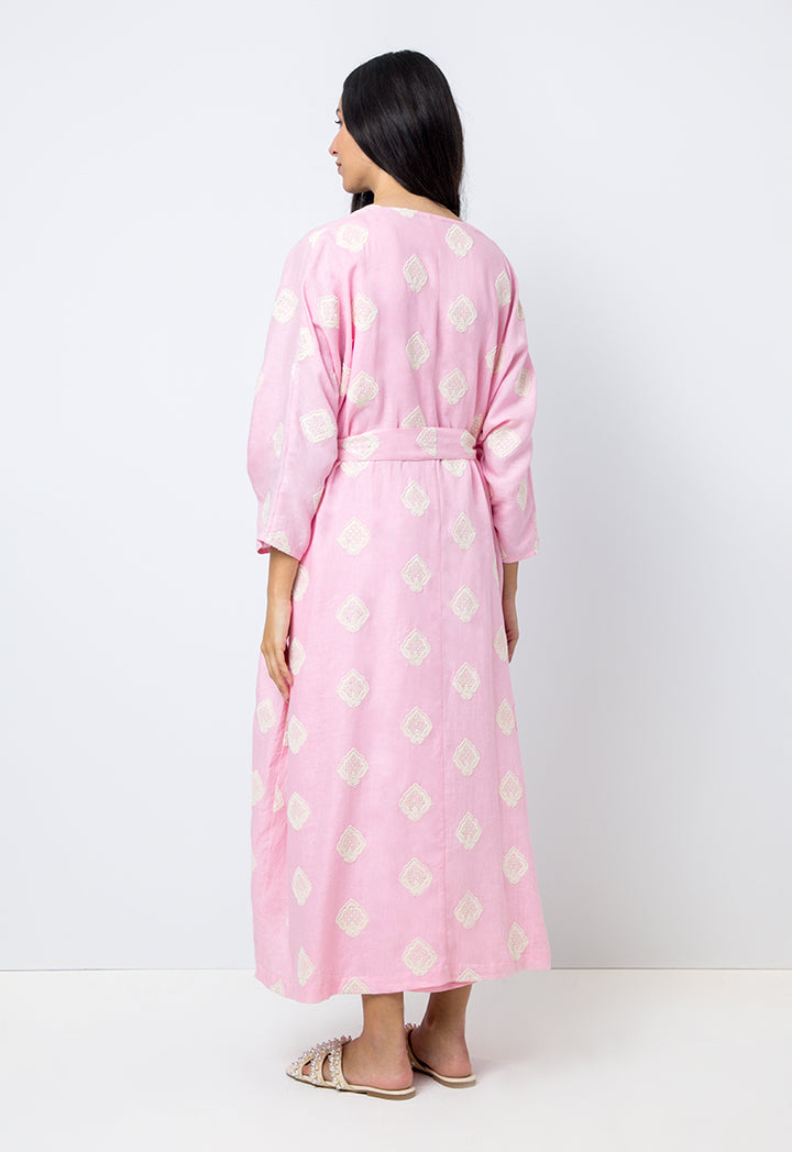 Choice Embroidered Sequins Kimono Sleeves Abaya Pink