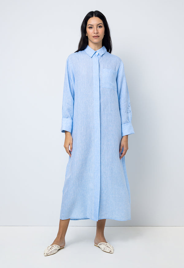 Choice Solid Long Sleeves Maxi Shirt Dress Light Blue
