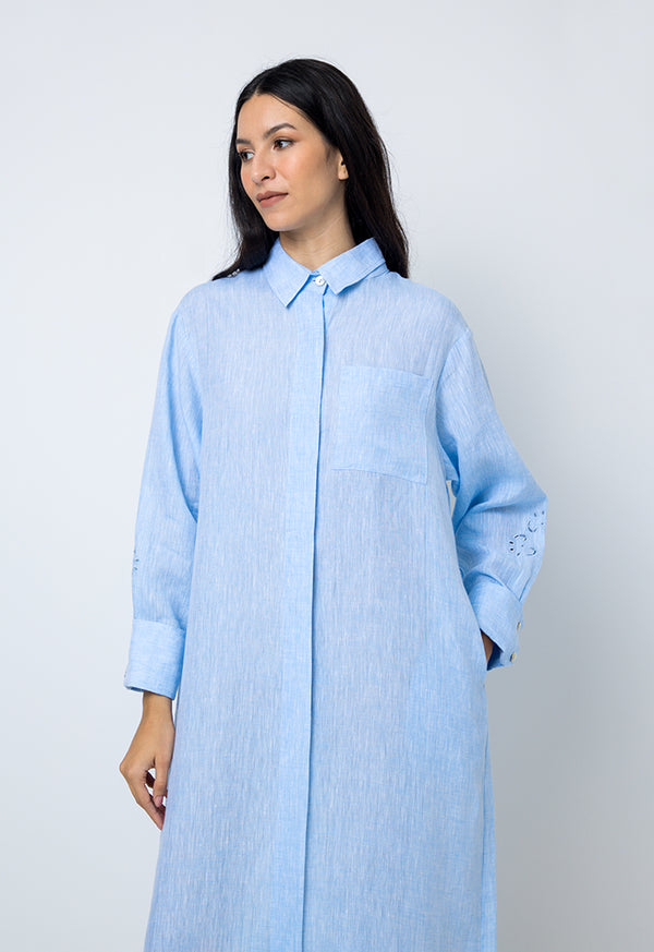Choice Solid Long Sleeves Maxi Shirt Dress Light Blue