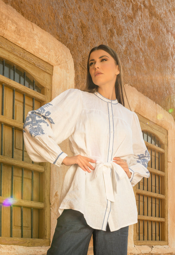 Choice Embroidered Print Shirt With Belt Offwhite