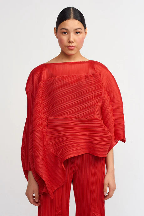 Nu Electric Pleated Designer Yoked Blouse Red