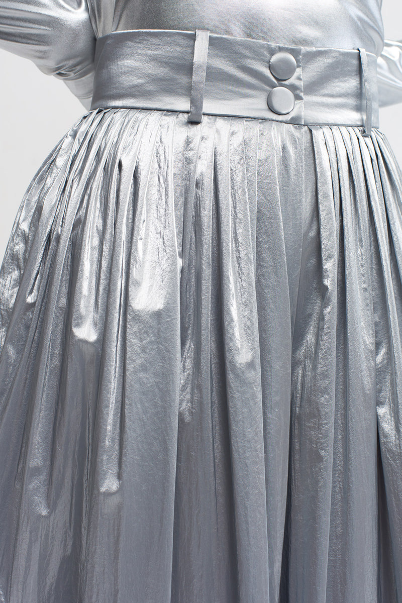 Nu Pleated Shiny Pants With Side Slit Platinum