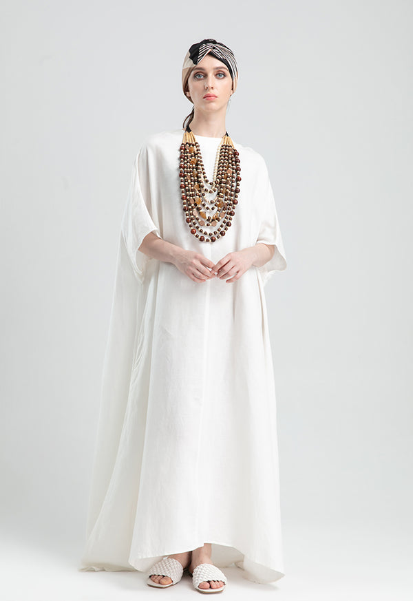 Choice Textured Linen Long Flared Dress Offwhite