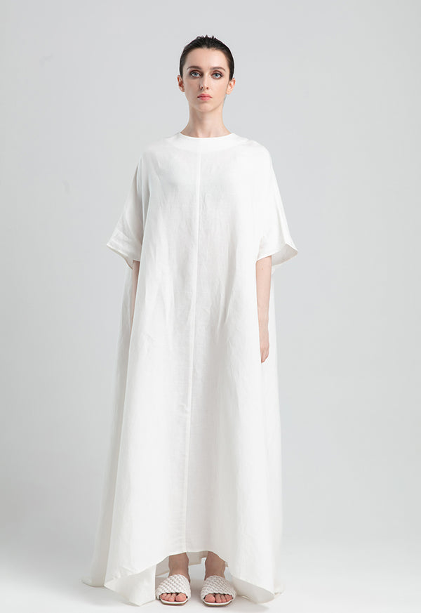 Choice Textured Linen Long Flared Dress Offwhite