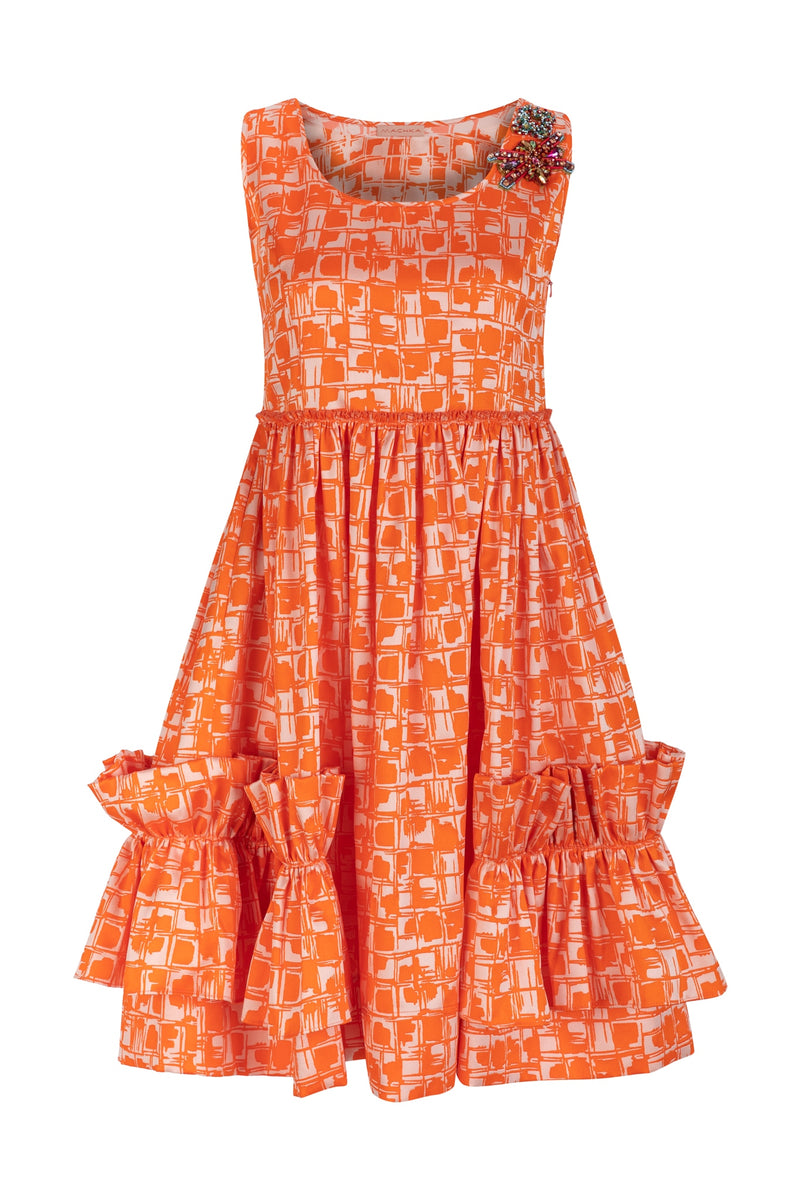 Machka Printed Sleeveless Shoulder-Embellished A-Line Mini Dress Orange