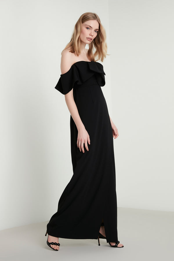 Machka Off Shoulder Bow-Front A-Line Long Dress Black