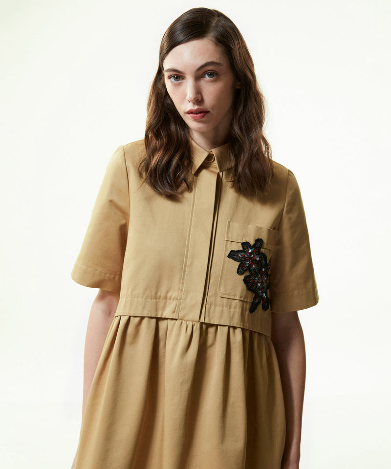 Machka Floral Module-Embroidered Twill Dress Tobacco Leaves