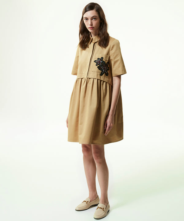 Machka Floral Module-Embroidered Twill Dress Tobacco Leaves