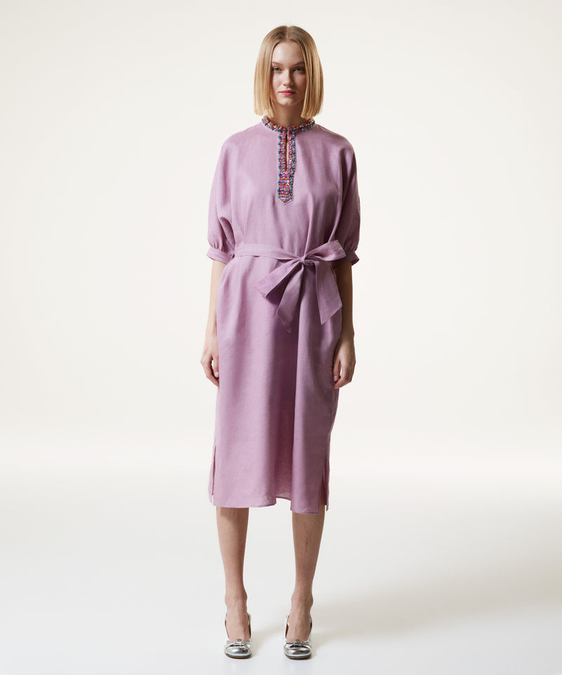 Machka Jewel Neck Linen Midi Dress Lilac