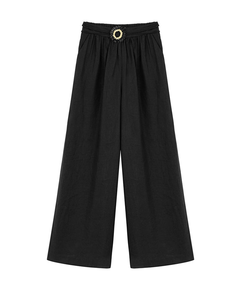 Machka Belted Detail Linen Trousers Black