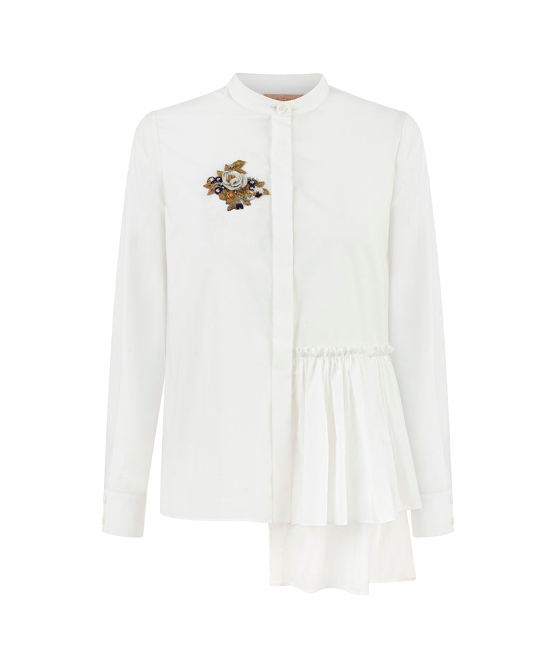 Machka Asymmetrical Ruffled Floral-Embroidered Shirt White