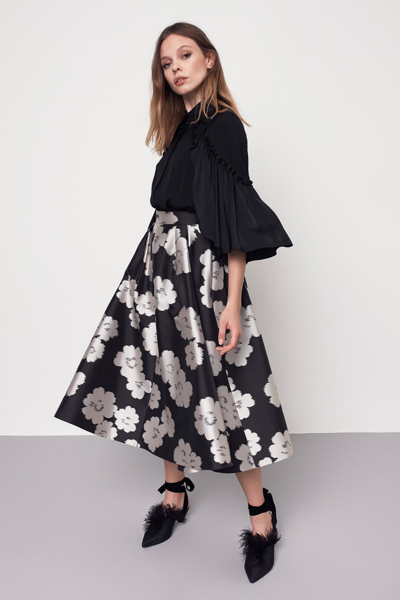 Machka Floral Print Midi Skirt Black