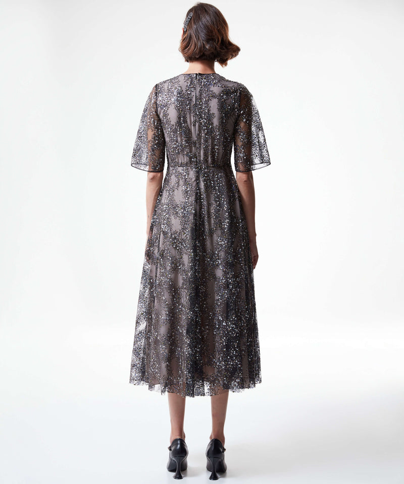 Machka Allover Sequin Embroidered Flowy Dress Black