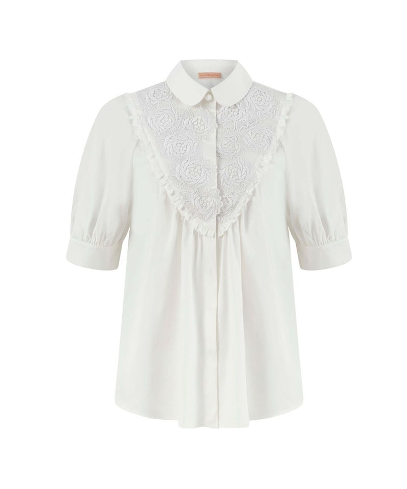 Machka Embroidered Floral Yoke Solid Shirt White