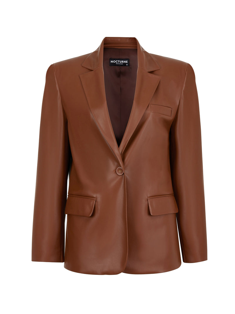 Nocturne Padded Synthetic Leather Blazer Camel