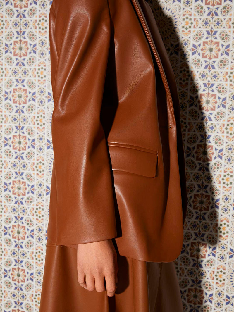 Nocturne Padded Synthetic Leather Blazer Camel