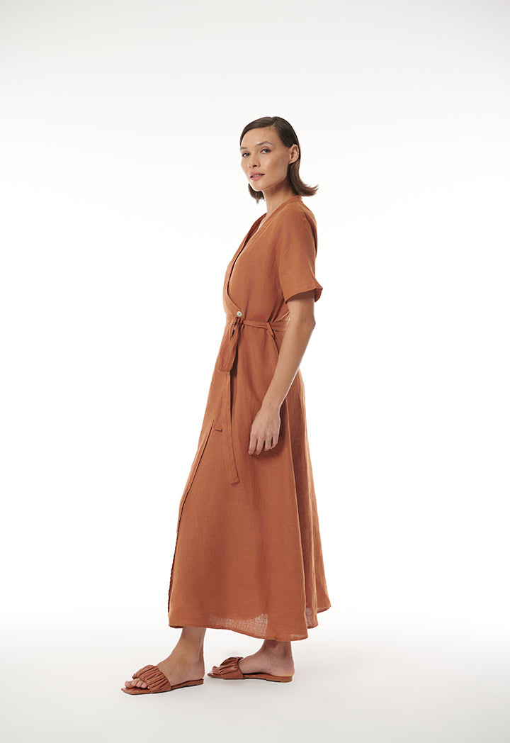 Choice Asymmetrical Front Dress With Shell Button Brown