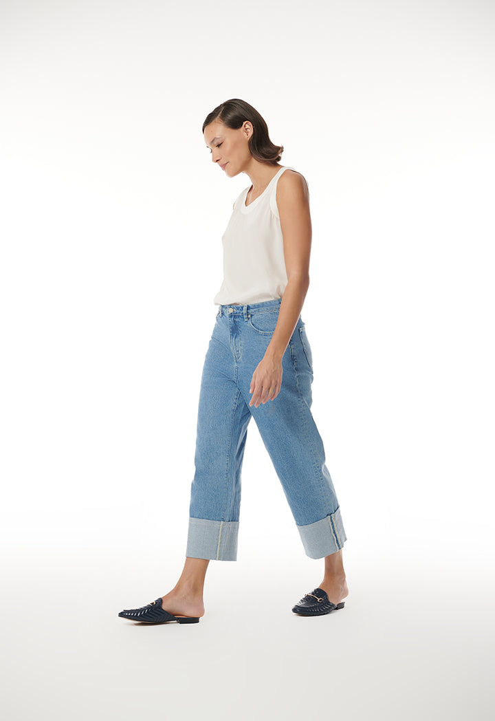 Choice Folded Hem Solid Denim Jeans Light Blue