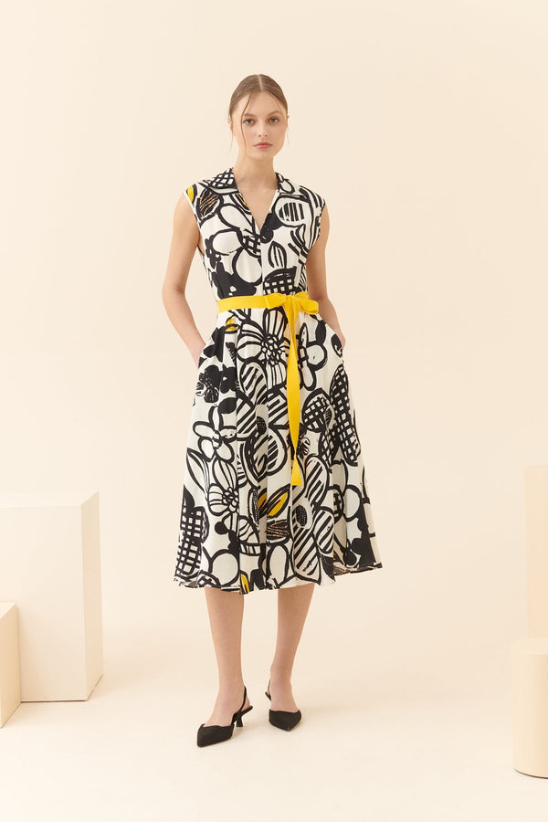 Roman Floral Pattern Belted Midi Dress Multi Color