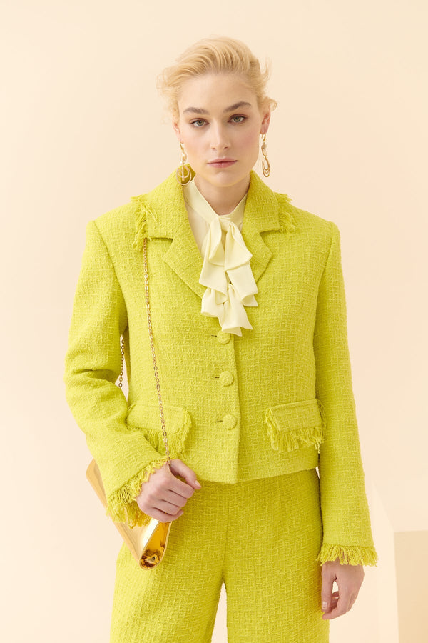 Roman Tweed Jacket Withy Fringed Detail Green