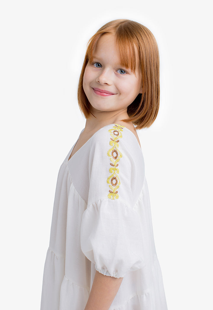 Choice Kids Solid Embroidered Short Sleeves Dress Offwhite