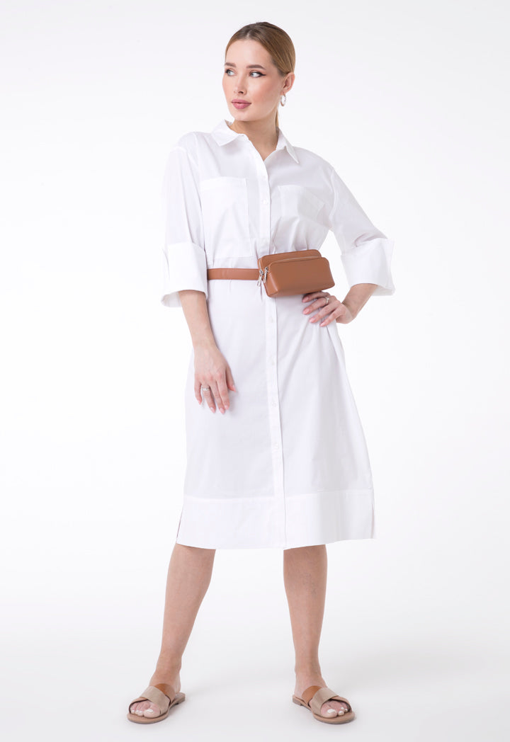 UNQ Long Sleeve Shift Midi Shirt Dress WHITE