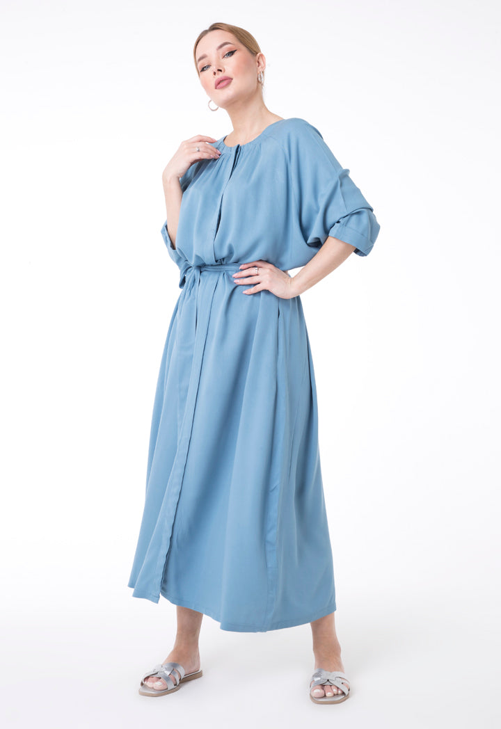UNQ Long Sleeve Belted A-Line Midi Dress BLUE