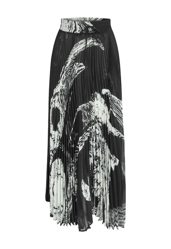 Nu Printed Drawstring Waist Pleated A-Line Skirt Black