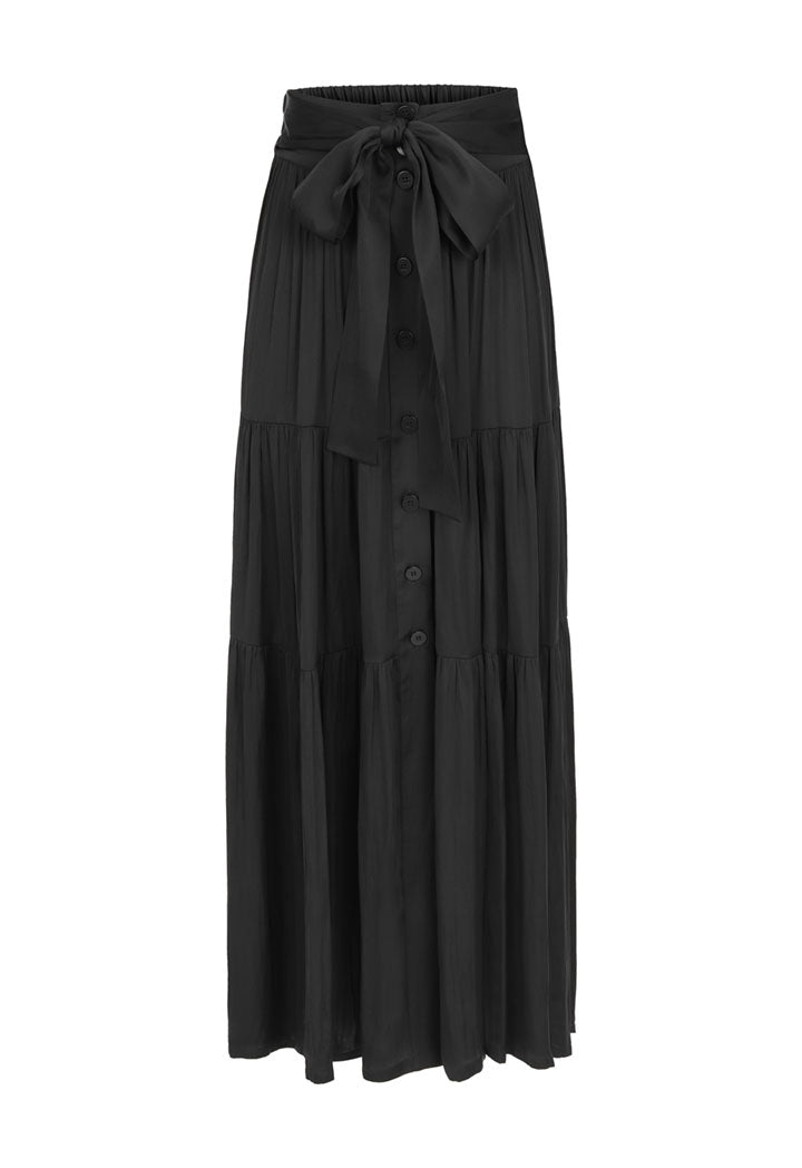 Nu Elastic Waist Belted Tiered Long Skirt Black
