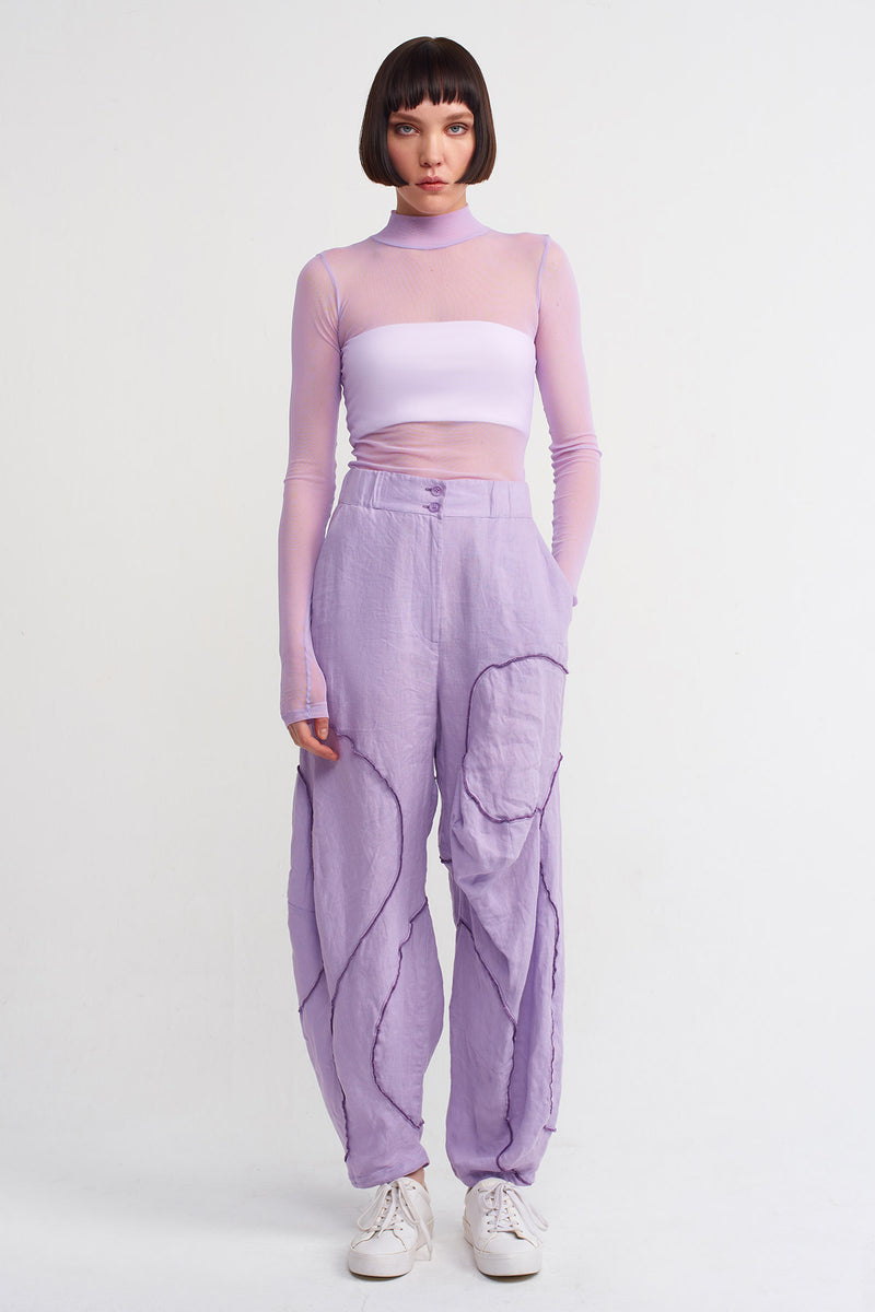 Nu Stitched Detail Linen Trousers Purple