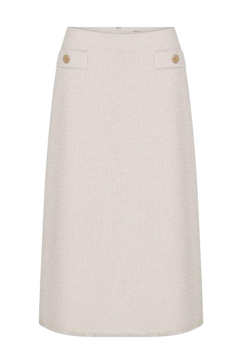 Roman Pocket Detailed Midi Tweed Skirt Off White