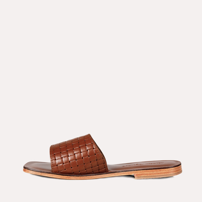 Neslihan Canpolat Leather Knit Textured Slippers Tabacco